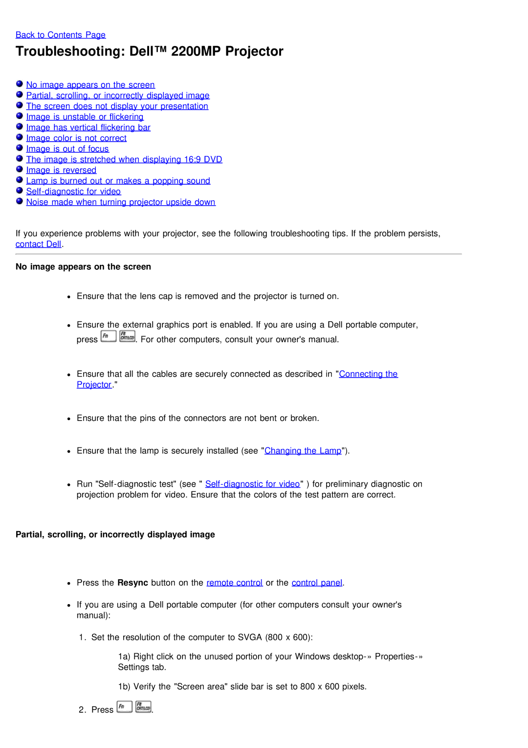 Dell specifications Troubleshooting Dell 2200MP Projector, No image appears on the screen 