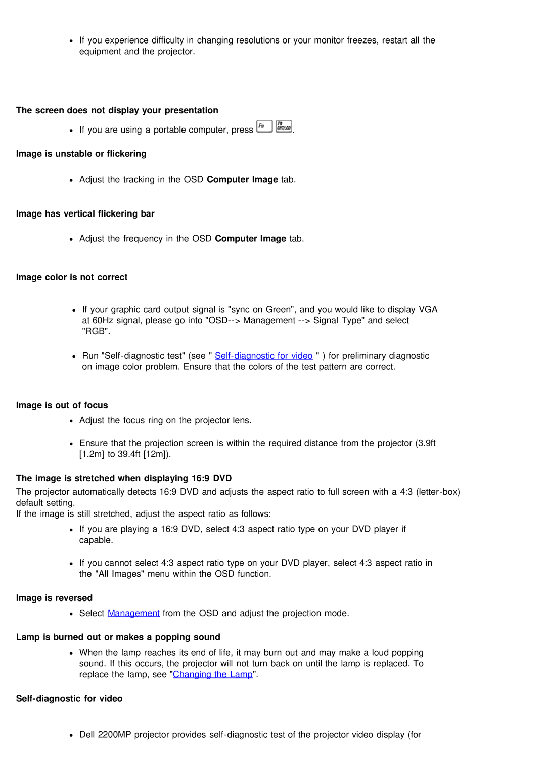 Dell 2200MP Screen does not display your presentation, Image is unstable or flickering, Image has vertical flickering bar 