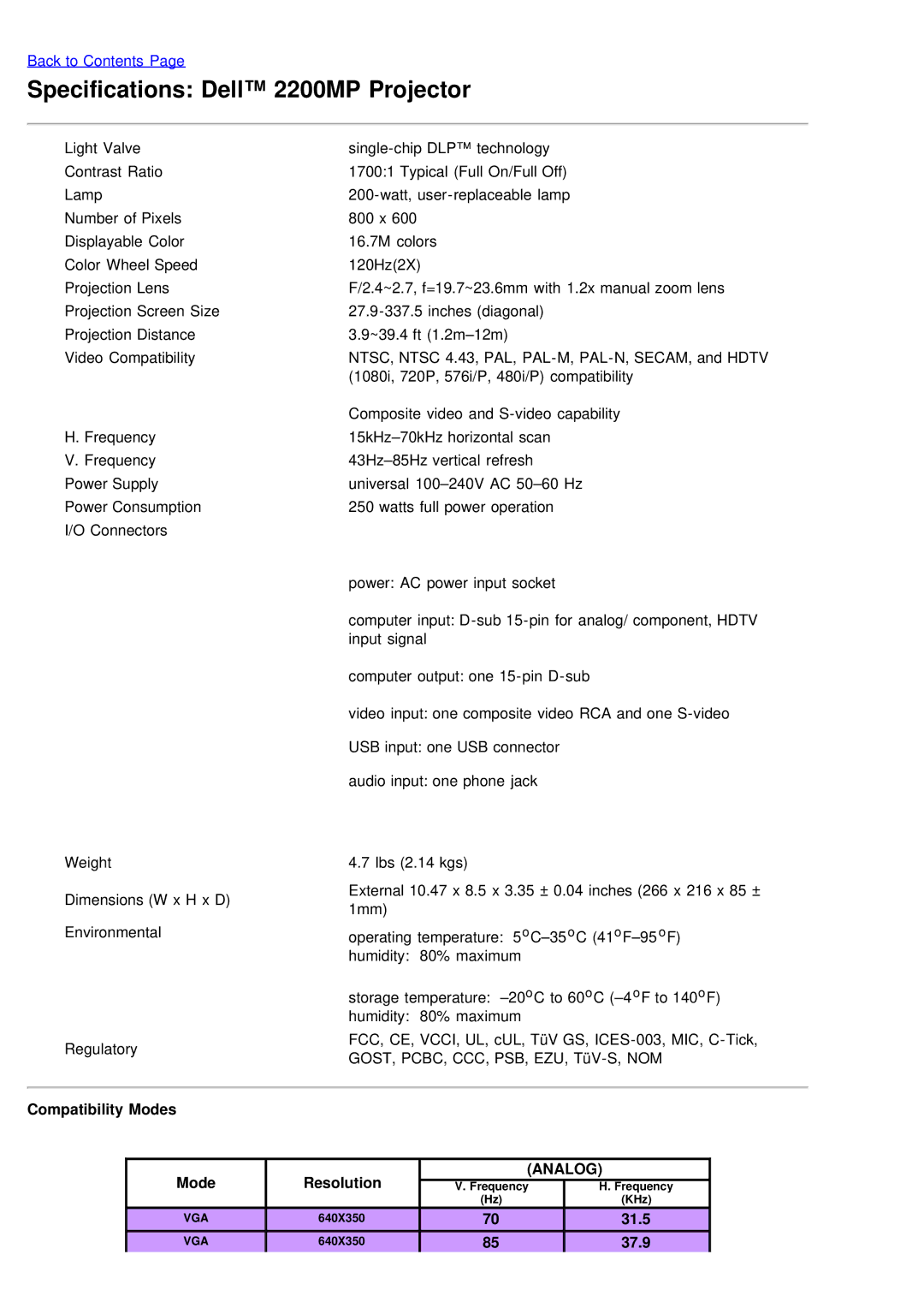 Dell specifications Specifications Dell 2200MP Projector, Compatibility Modes, Resolution, 31.5, 37.9 