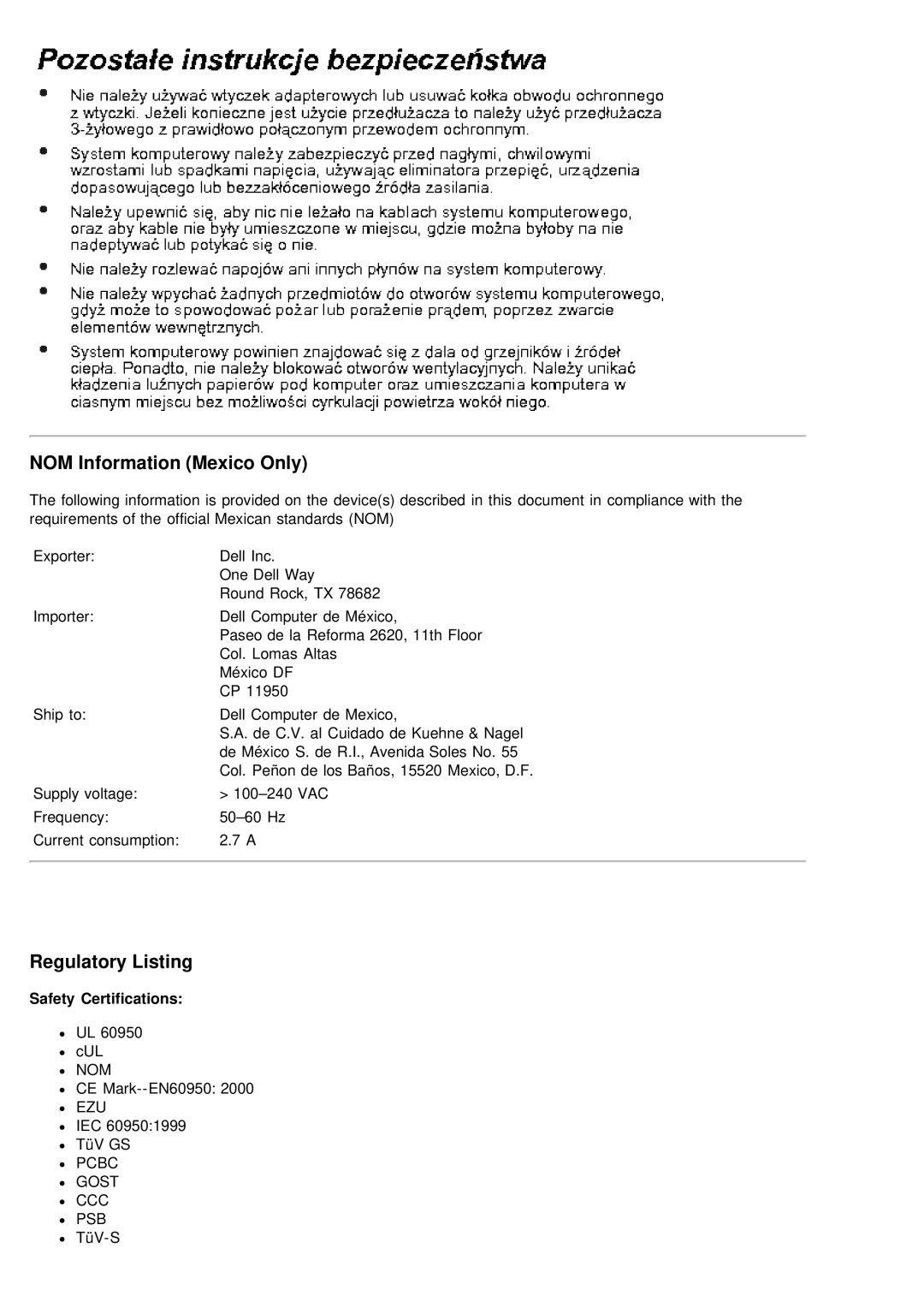 Dell 2200MP specifications NOM Information Mexico Only, Regulatory Listing, Safety Certifications 