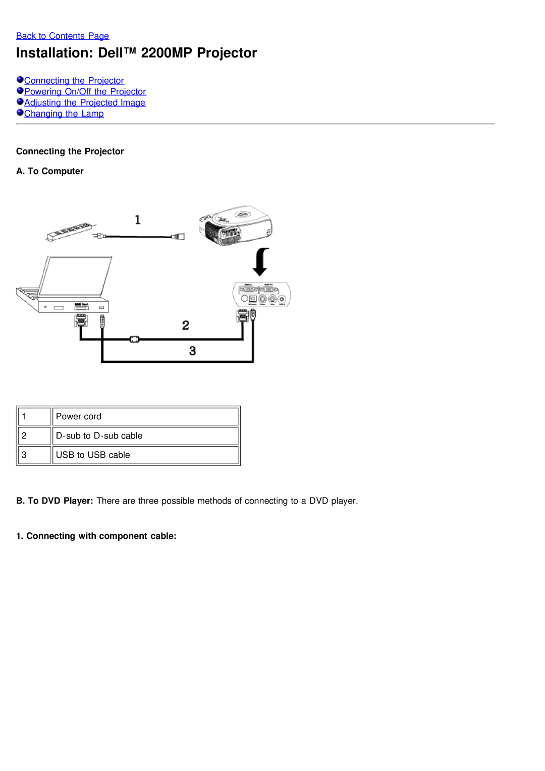 Dell Installation Dell 2200MP Projector, Connecting the Projector To Computer, Connecting with component cable 