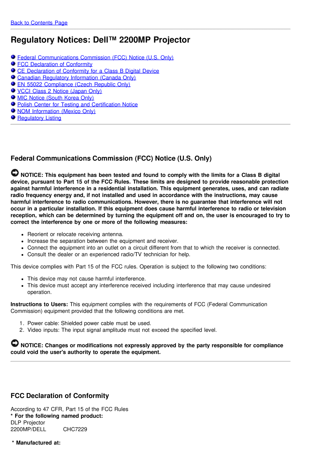 Dell Regulatory Notices Dell 2200MP Projector, Federal Communications Commission FCC Notice U.S. Only, Manufactured at 