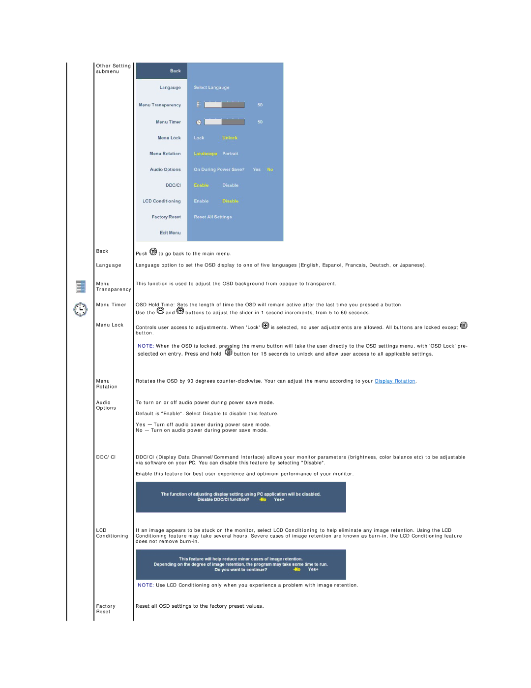 Dell 2208WFP appendix Menu Lock, Menu Rotation Audio Options, Ddc/Ci, LCD Conditioning Factory Reset 