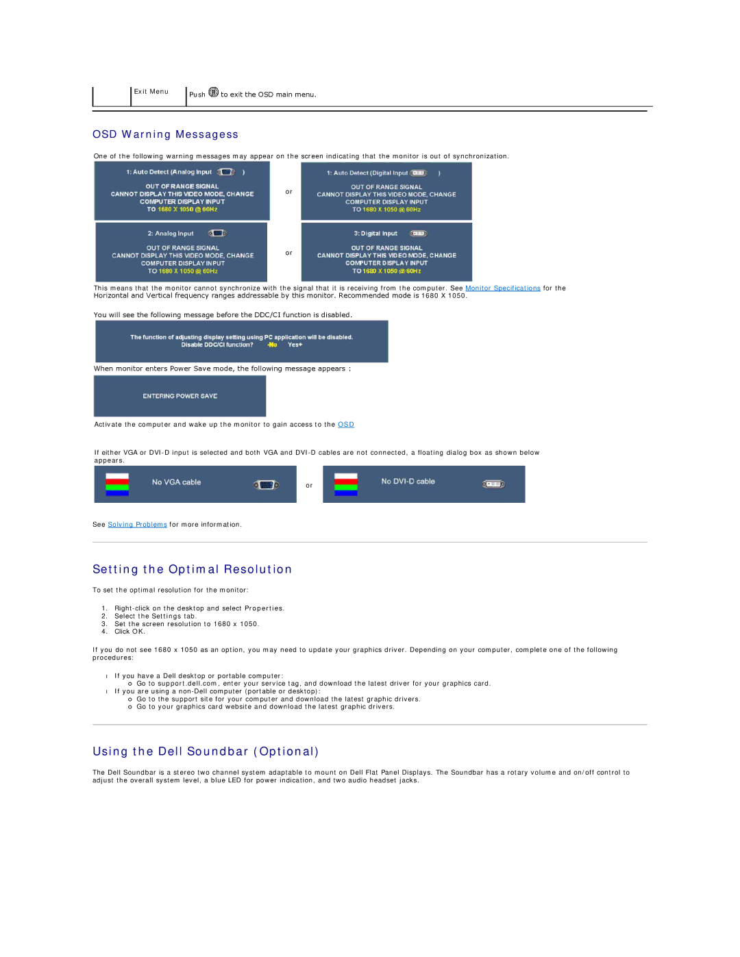 Dell 2208WFP appendix Setting the Optimal Resolution, Using the Dell Soundbar Optional, OSD Warning Messagess 