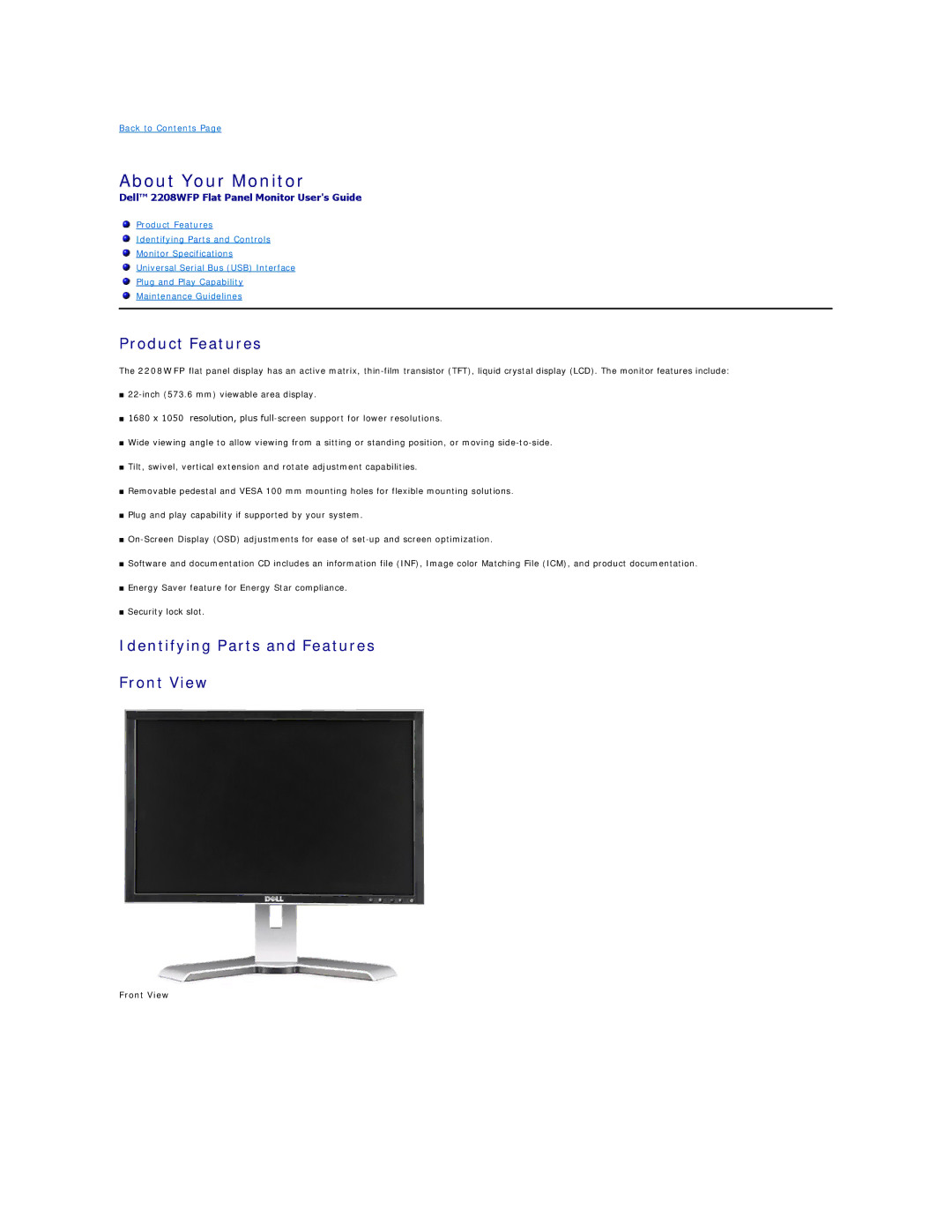 Dell 2208WFP appendix About Your Monitor, Product Features, Identifying Parts and Features Front View 