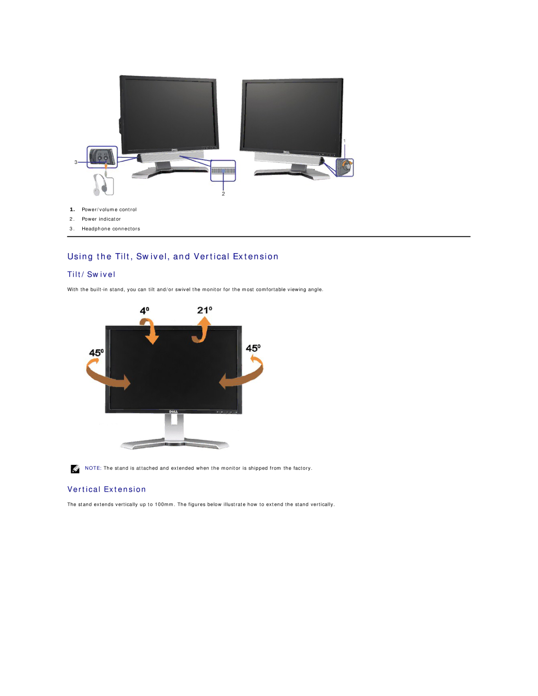 Dell 2208WFP appendix Using the Tilt, Swivel, and Vertical Extension, Tilt/Swivel 