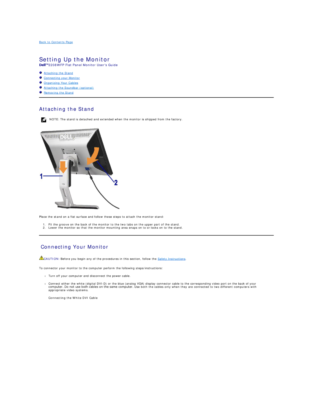 Dell 2208WFP appendix Setting Up the Monitor, Attaching the Stand, Connecting Your Monitor, Connecting the White DVI Cable 