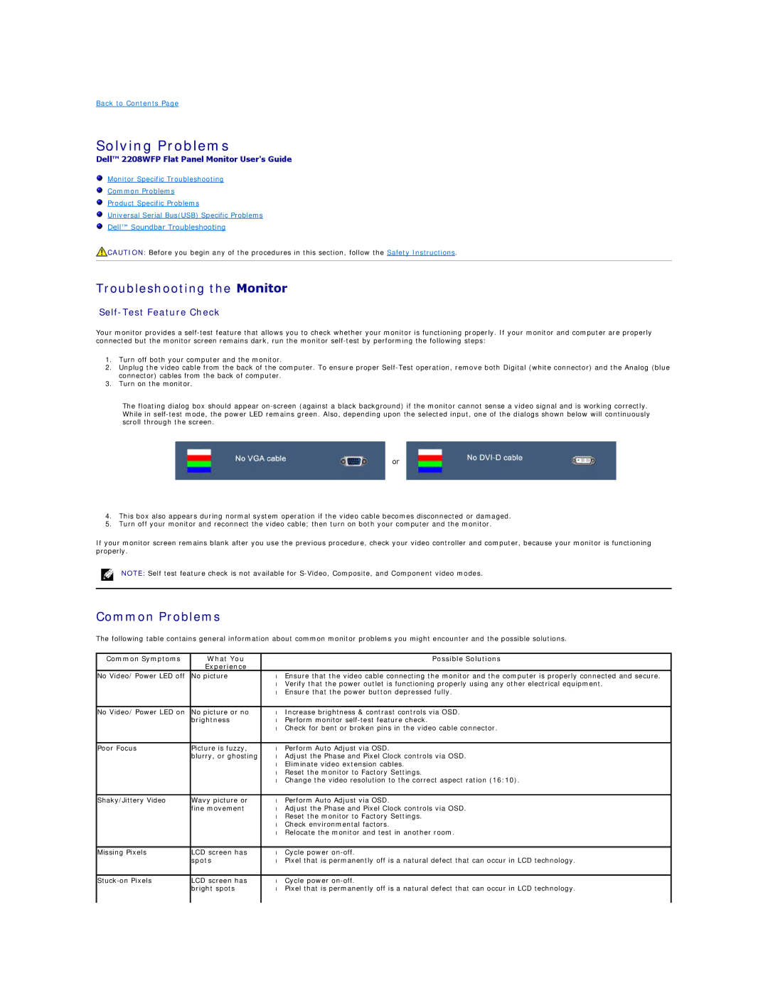 Dell 2208WFP appendix Solving Problems, Troubleshooting the Monitor, Common Problems 