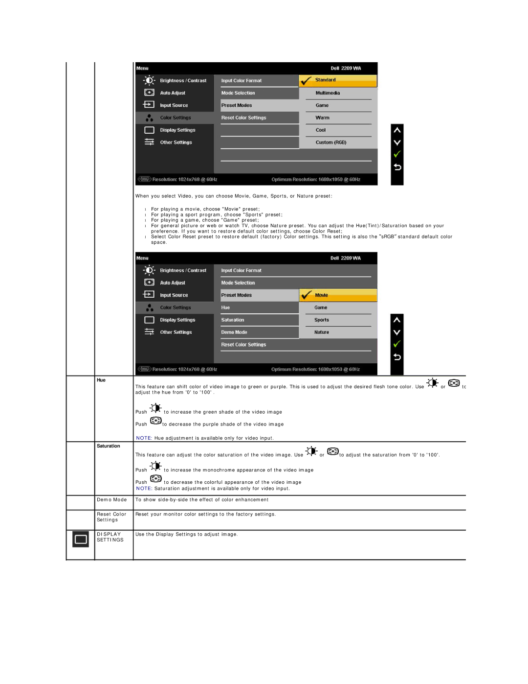 Dell 2209WA appendix Demo Mode, Reset Color, Settings 