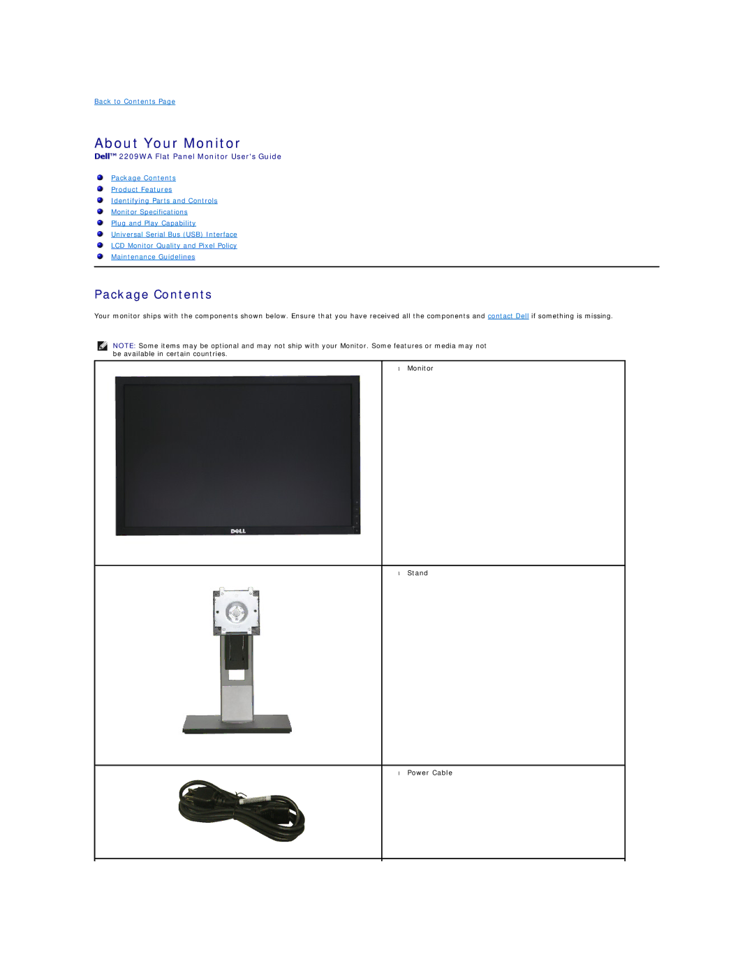 Dell 2209WA appendix About Your Monitor, Package Contents 