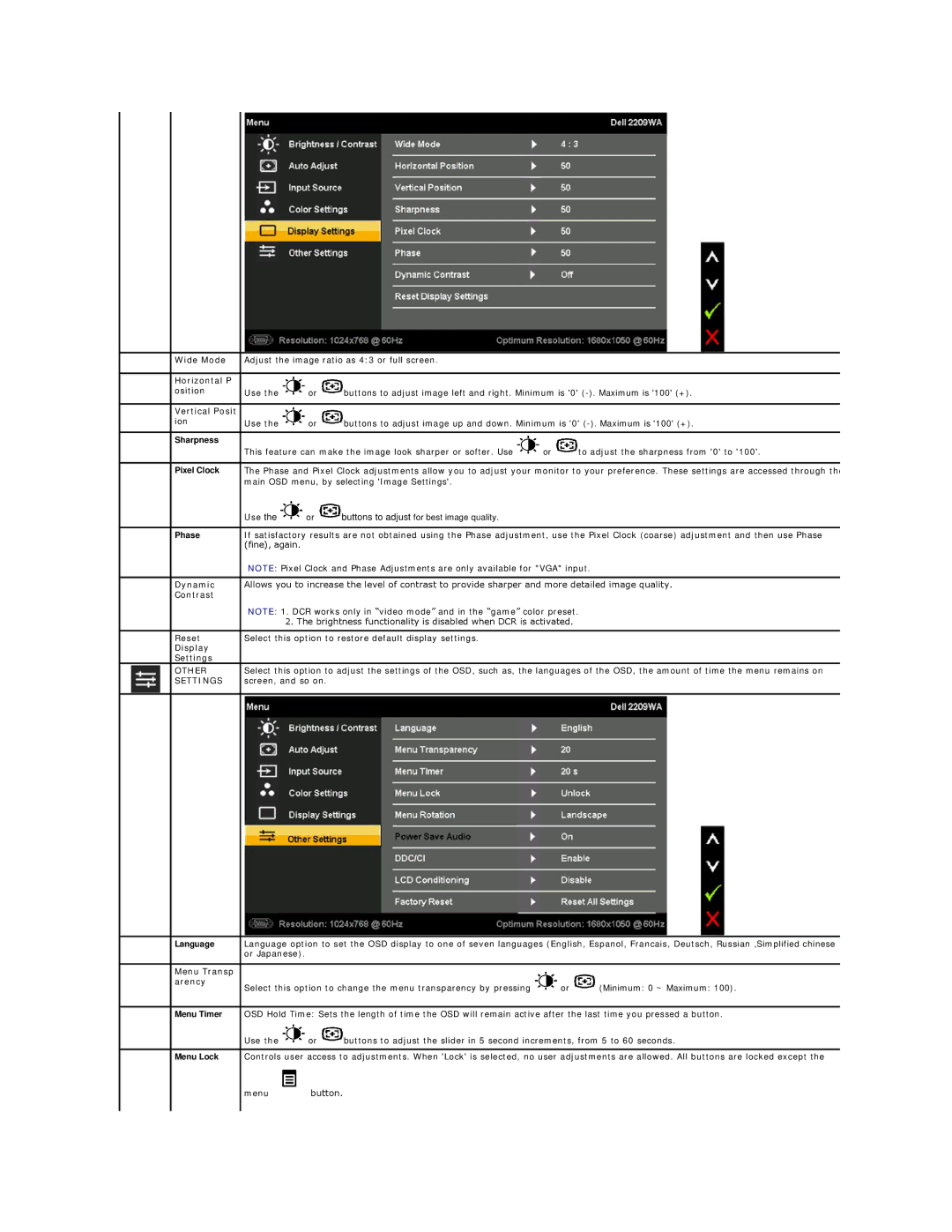 Dell 2209WA appendix Wide Mode, Horizontal P Osition, Vertical Posit Ion, Dynamic, Contrast, Reset, Display Settings 