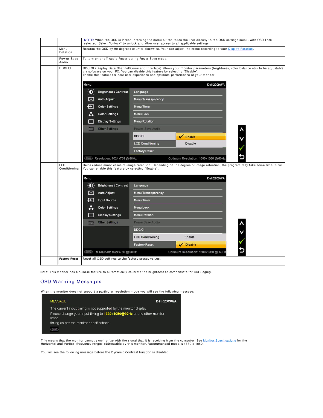 Dell 2209WA appendix OSD Warning Messages, Rotation Power Save, Audio, LCD Conditioning 