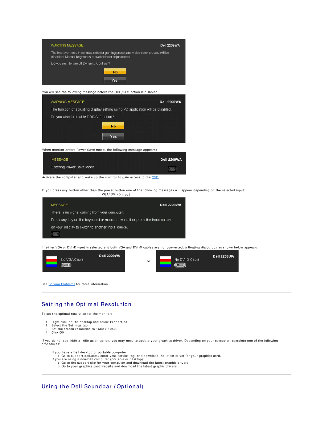 Dell 2209WA appendix Setting the Optimal Resolution, Using the Dell Soundbar Optional, VGA/DVI-D input 