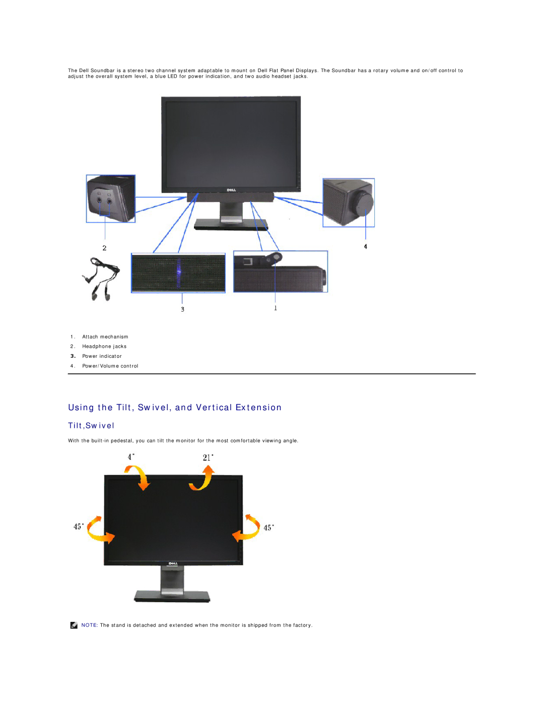 Dell 2209WA appendix Using the Tilt, Swivel, and Vertical Extension, Tilt,Swivel 