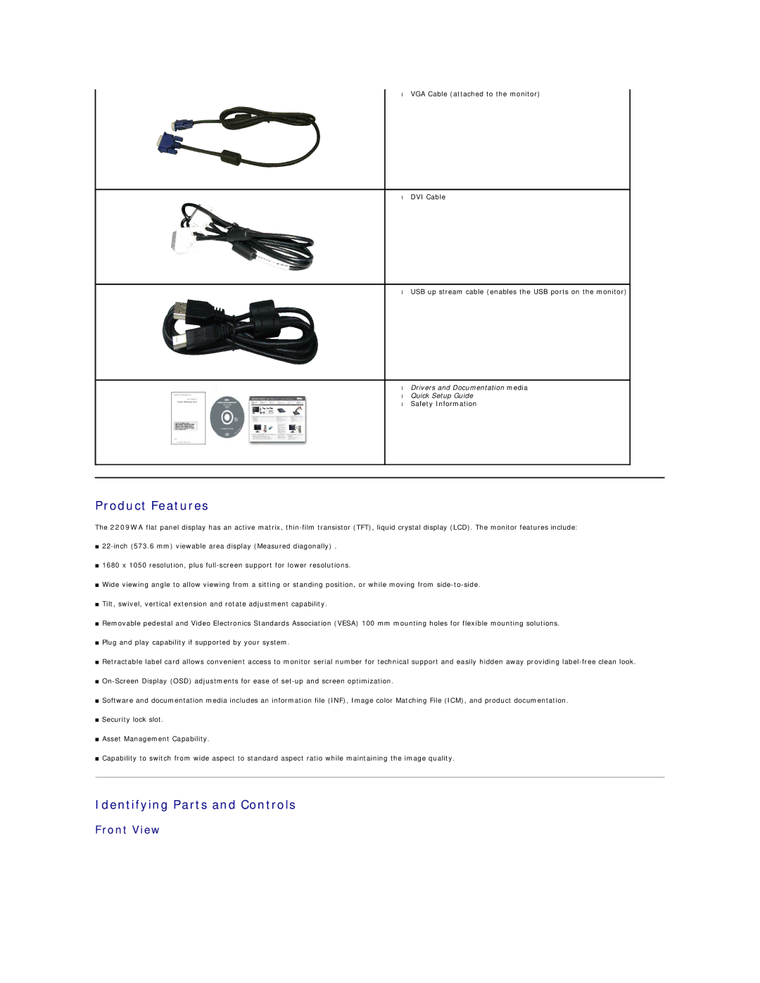 Dell 2209WA appendix Product Features, Identifying Parts and Controls, Front View 