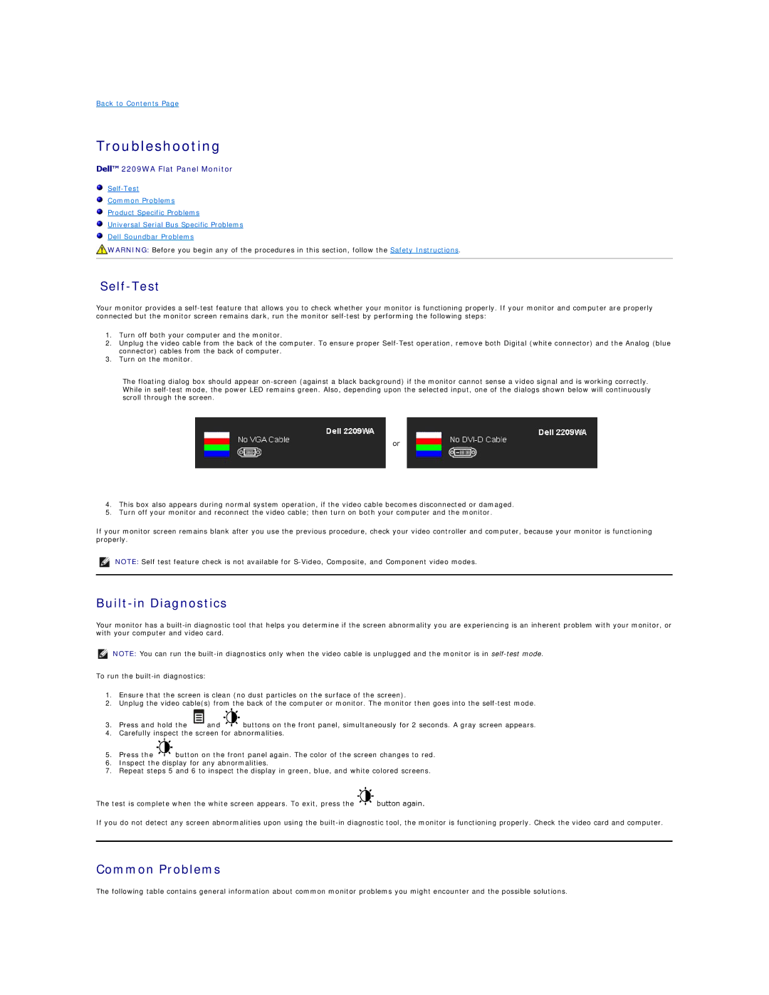 Dell 2209WA appendix Troubleshooting, Self-Test, Built-in Diagnostics, Common Problems 