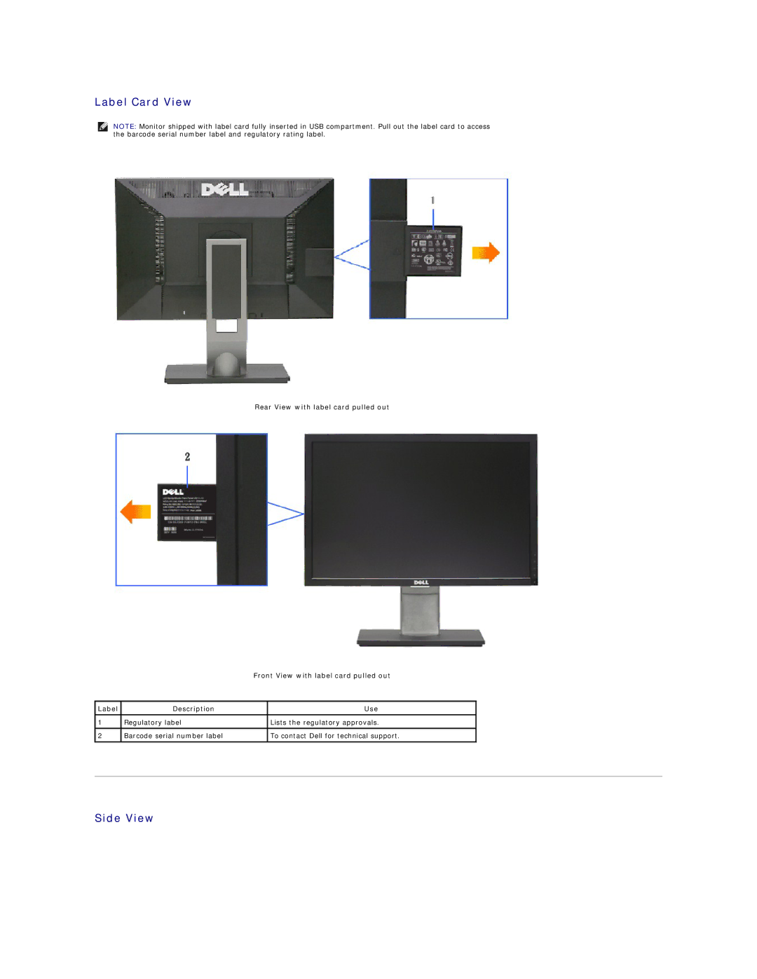 Dell 2209WA appendix Label Card View, Side View 