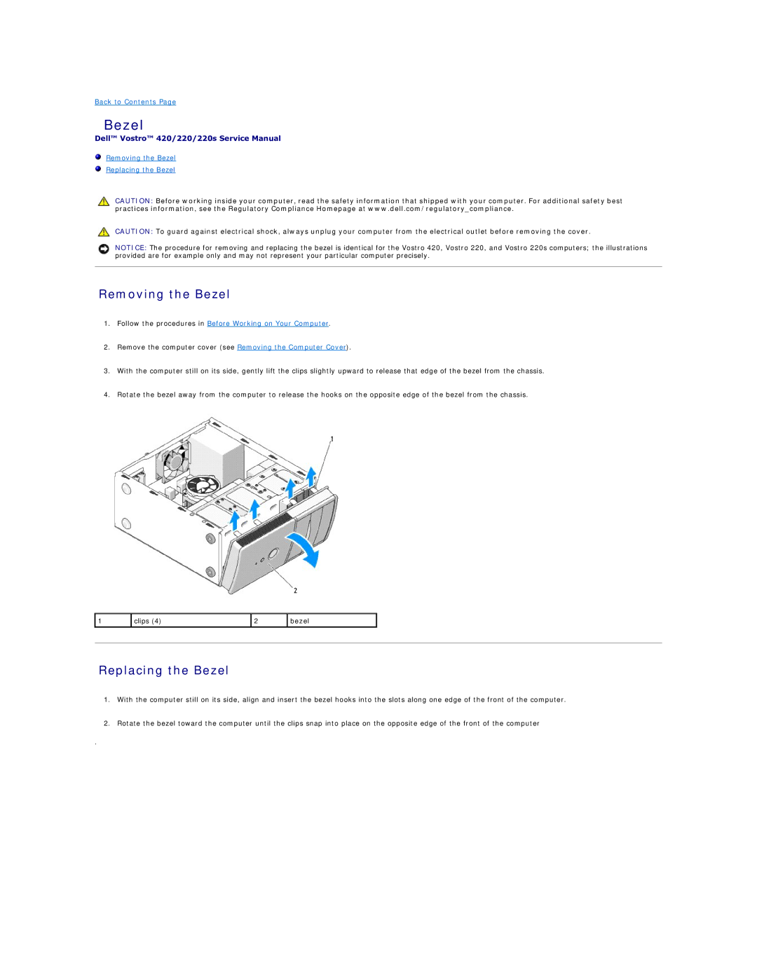 Dell 420, 220S manual Removing the Bezel, Replacing the Bezel 