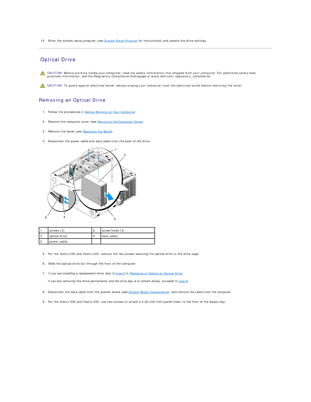 Dell 220S, 420 manual Removing an Optical Drive 