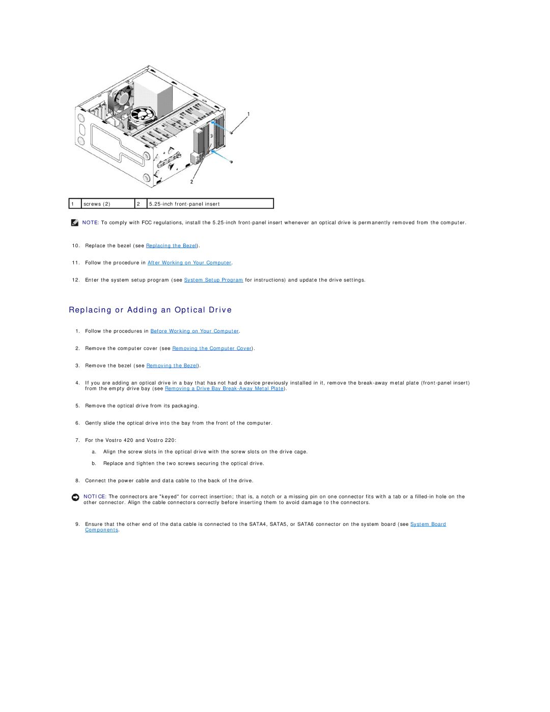 Dell 420, 220S manual Replacing or Adding an Optical Drive 