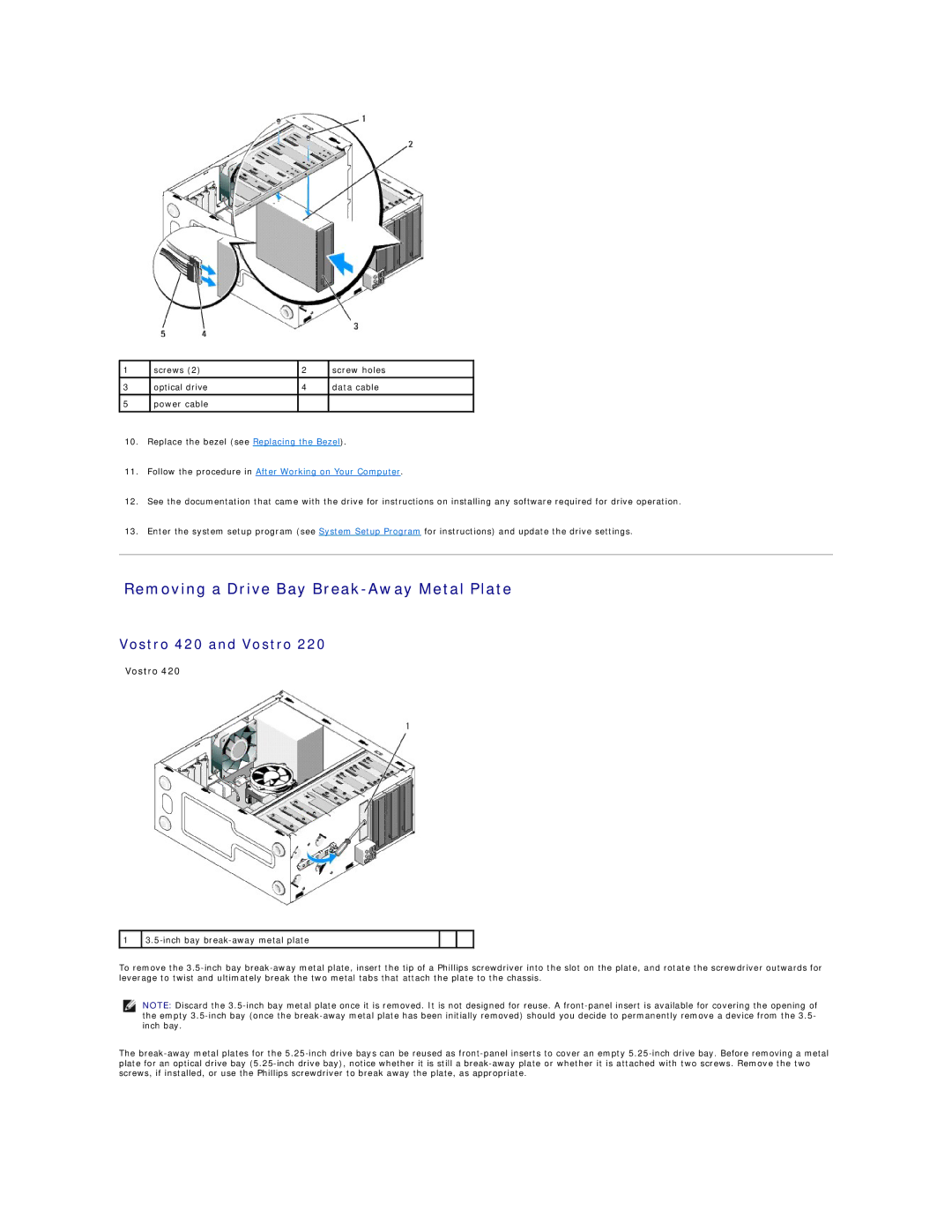 Dell 220S manual Removing a Drive Bay Break-Away Metal Plate, Vostro 420 and Vostro 