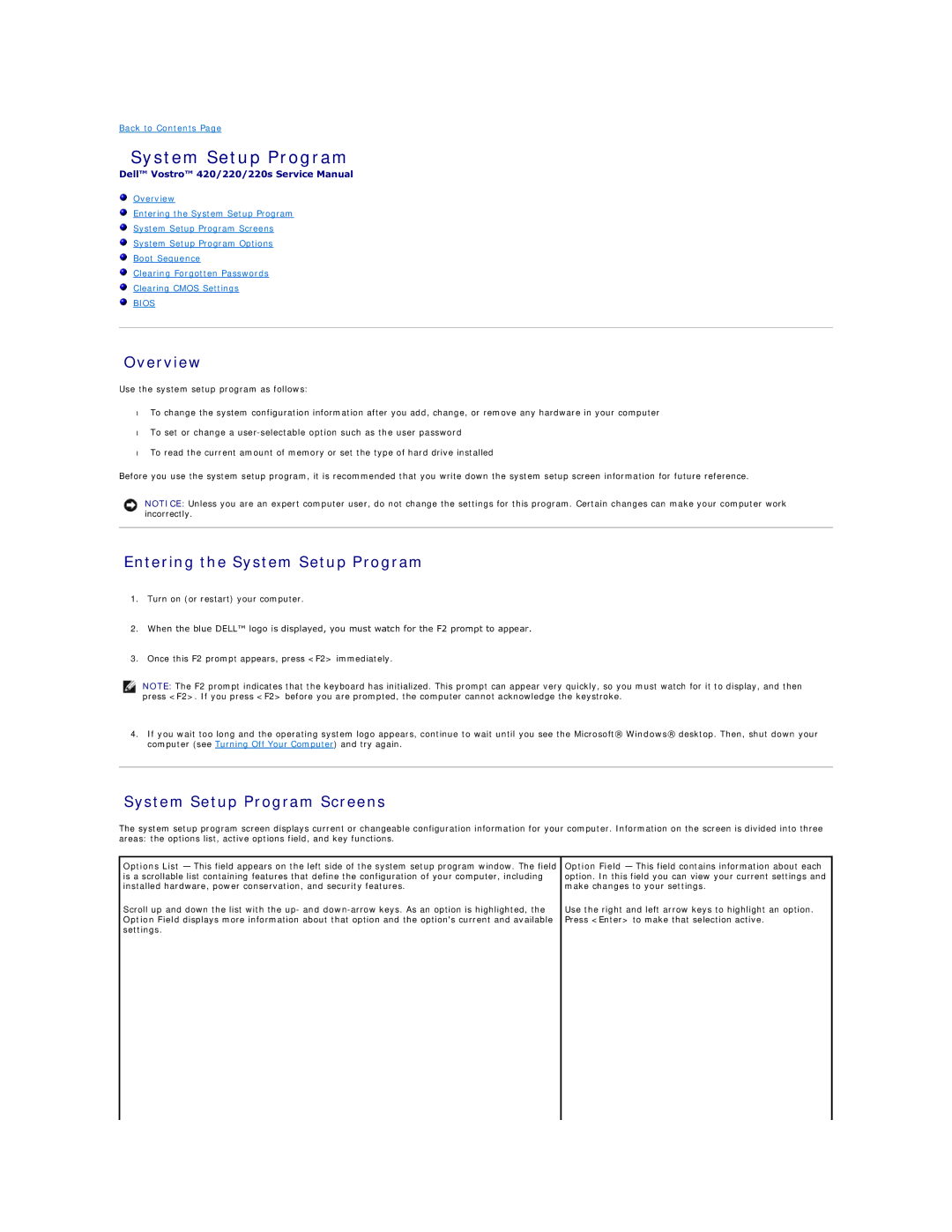 Dell 220S, 420 manual Overview, Entering the System Setup Program, System Setup Program Screens 