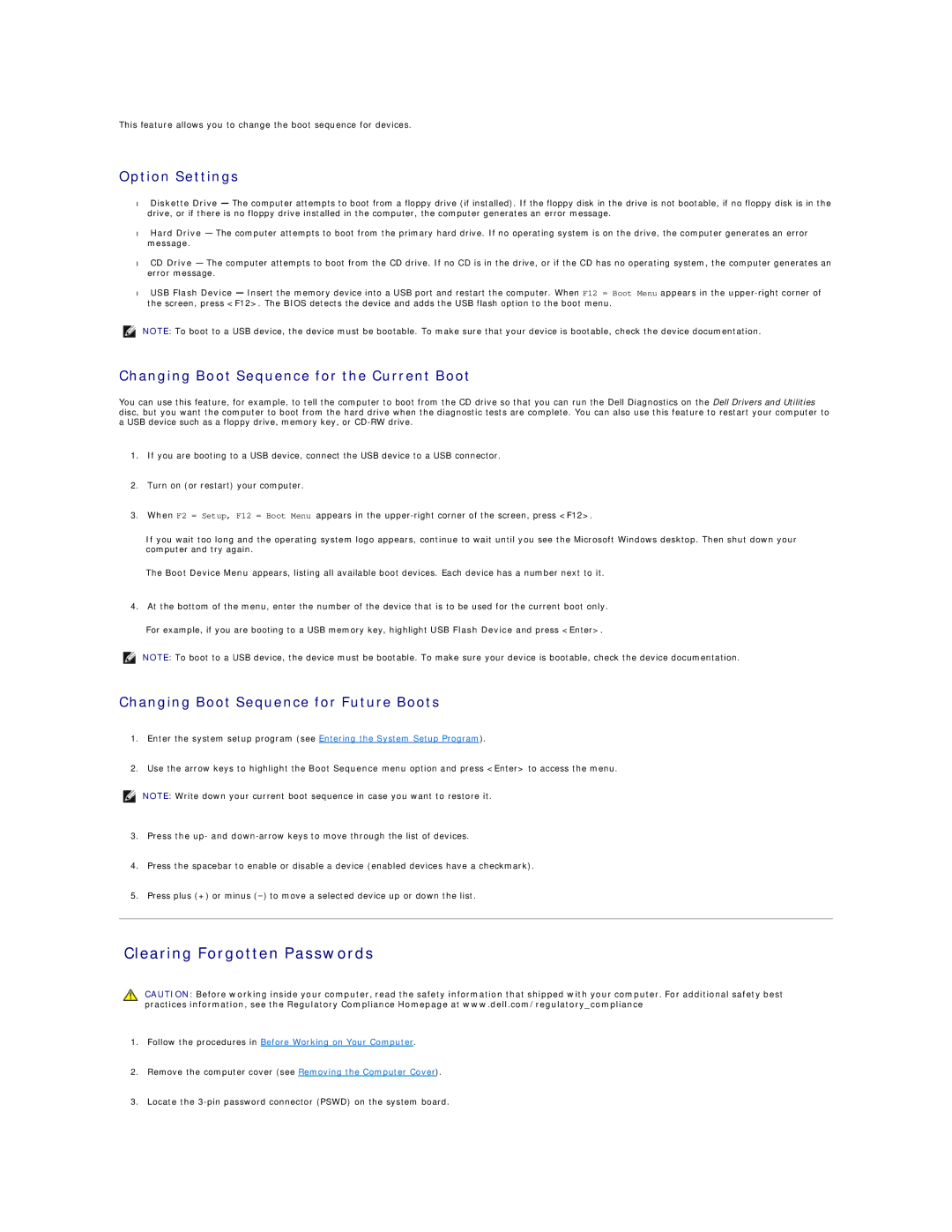 Dell 220S, 420 manual Clearing Forgotten Passwords, Option Settings, Changing Boot Sequence for the Current Boot 