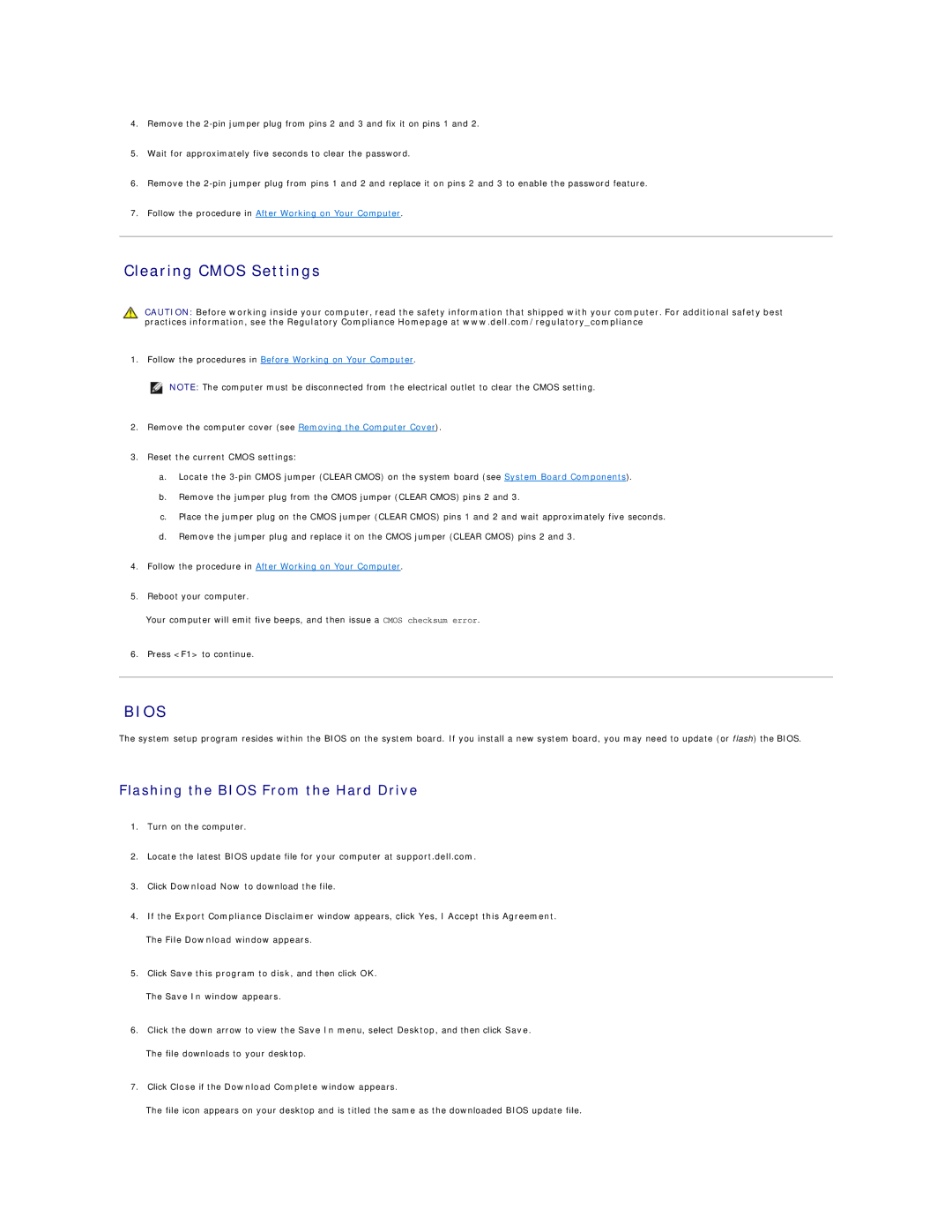 Dell 220S, 420 manual Clearing Cmos Settings, Flashing the Bios From the Hard Drive 