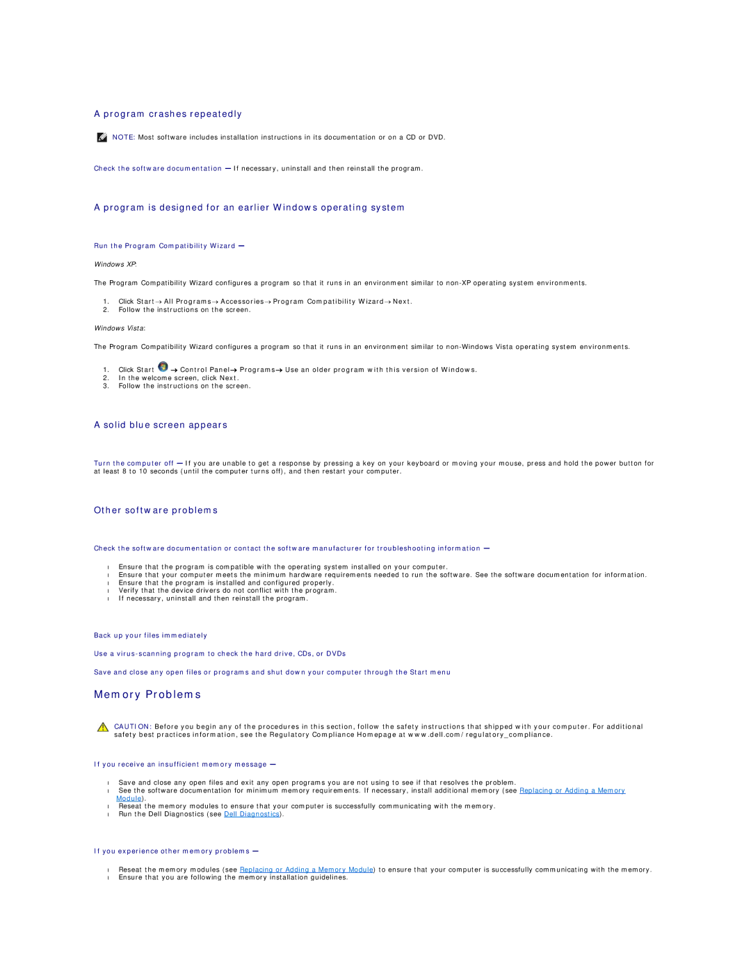 Dell 220S, 420 manual Memory Problems, Run the Program Compatibility Wizard, If you receive an insufficient memory message 
