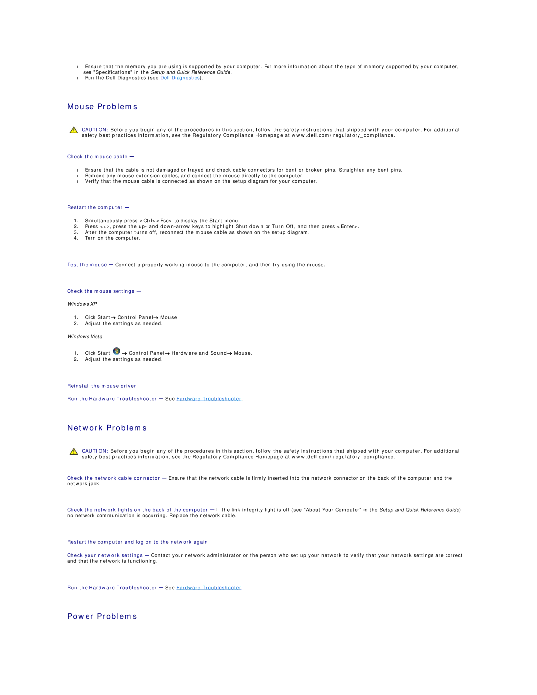 Dell 220S, 420 manual Mouse Problems, Network Problems, Power Problems 
