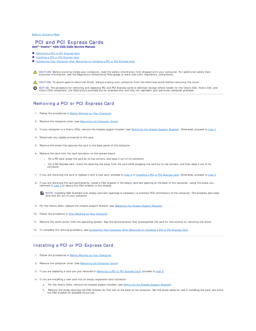 Dell 420, 220S manual PCI and PCI Express Cards, Removing a PCI or PCI Express Card, Installing a PCI or PCI Express Card 