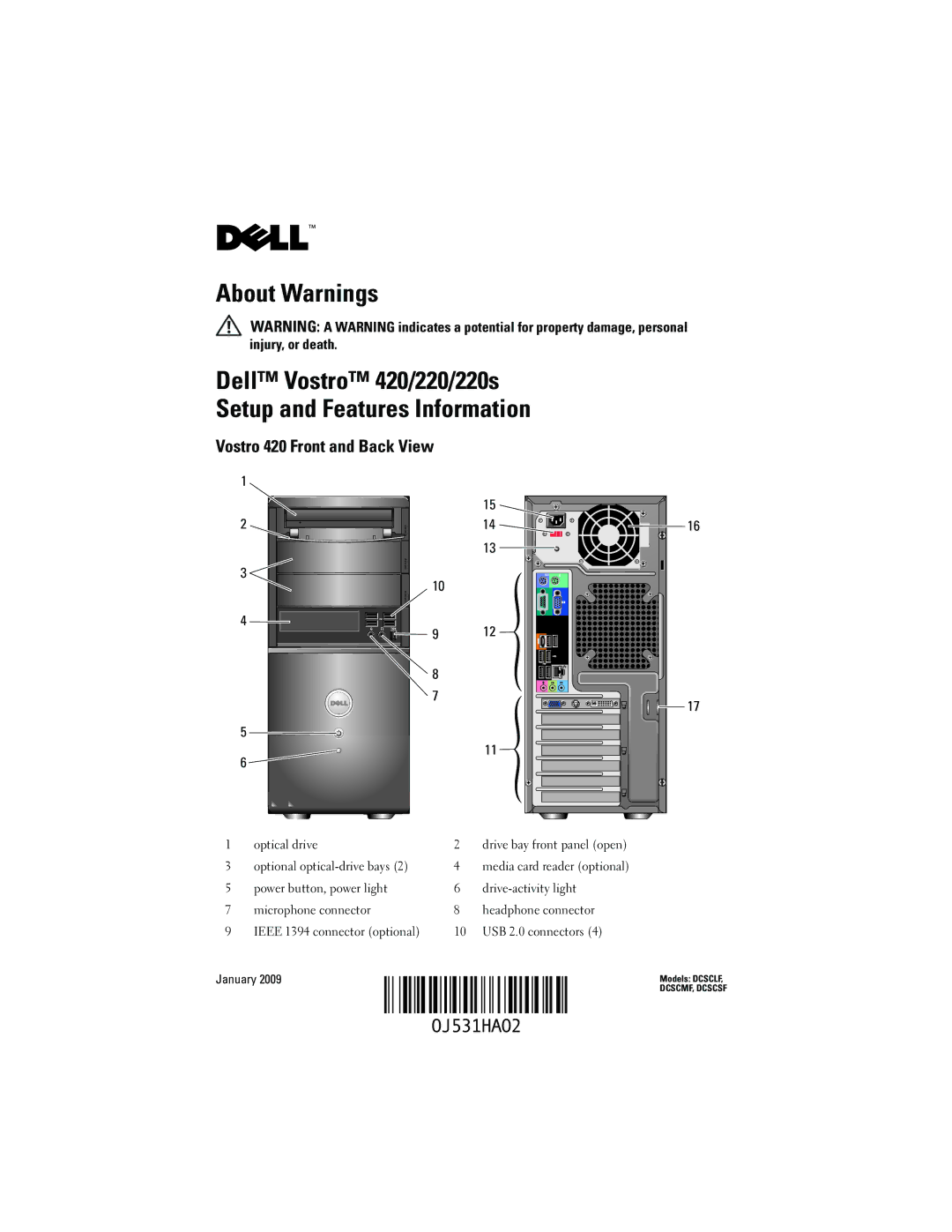 Dell 220S manual Vostro 420 Front and Back View 