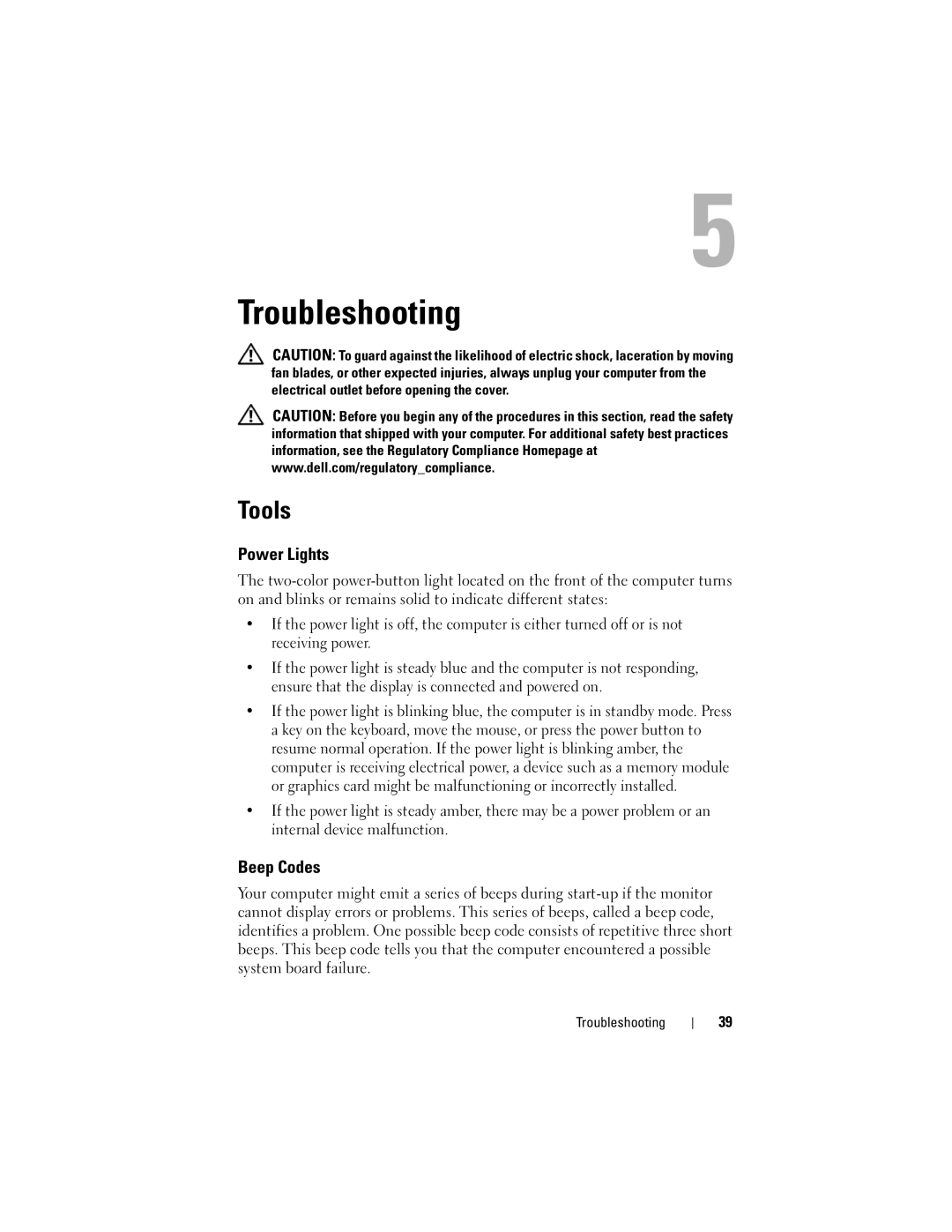 Dell 220S specifications Troubleshooting, Tools, Power Lights, Beep Codes 