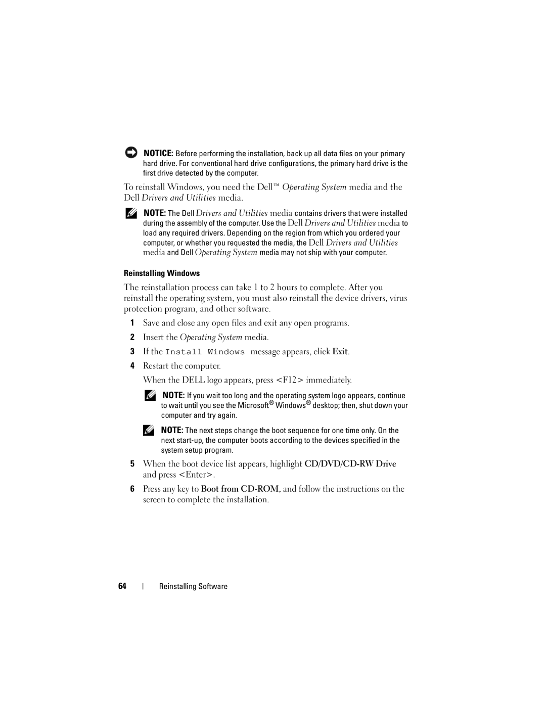 Dell 220S specifications Reinstalling Windows 