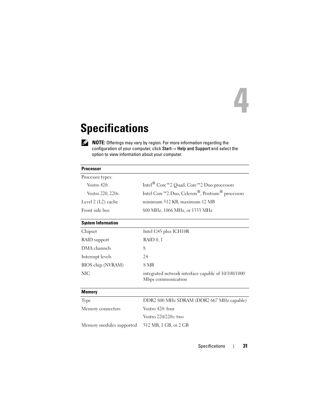 Dell J531H, 220S, DCSCSF, DCSCLF, DCSCMF specifications Specifications, Nic 