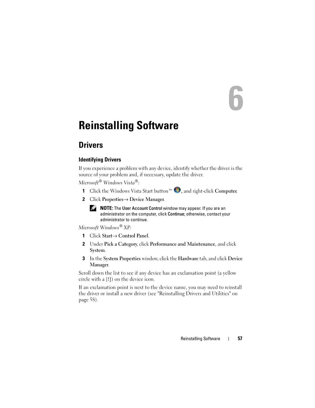 Dell DCSCSF, 220S, J531H, DCSCLF, DCSCMF specifications Reinstalling Software, Identifying Drivers 