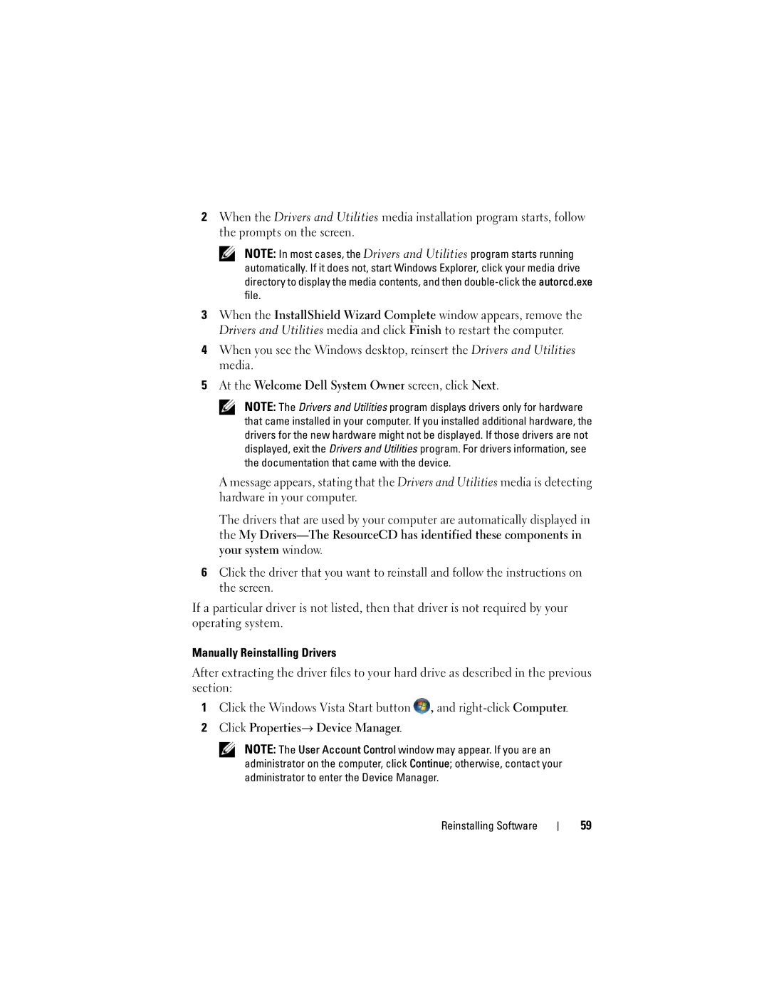 Dell DCSCMF, 220S, J531H, DCSCSF, DCSCLF specifications Manually Reinstalling Drivers 