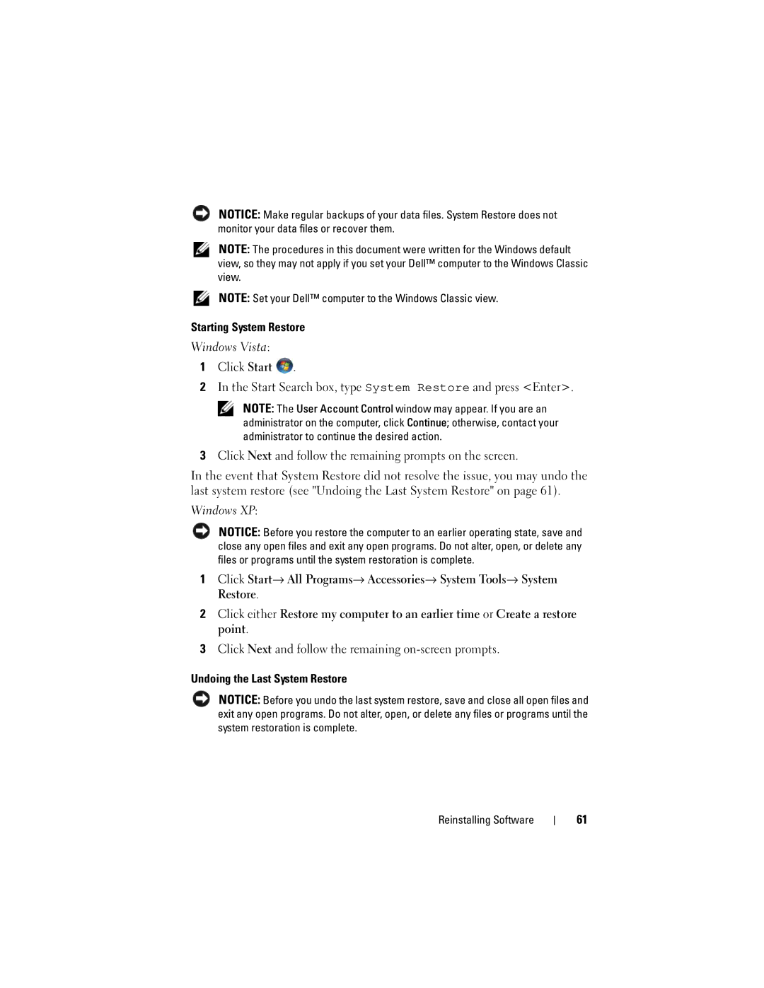 Dell J531H, 220S, DCSCSF, DCSCLF, DCSCMF specifications Starting System Restore, Undoing the Last System Restore 