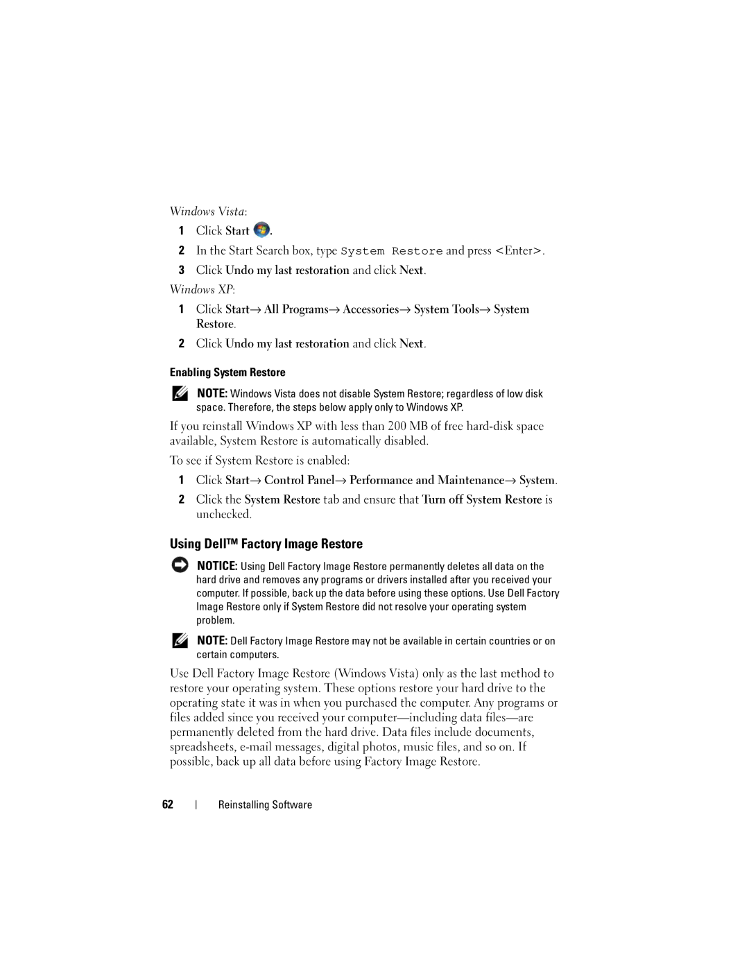 Dell DCSCSF, 220S, J531H, DCSCLF, DCSCMF specifications Using Dell Factory Image Restore, Enabling System Restore 