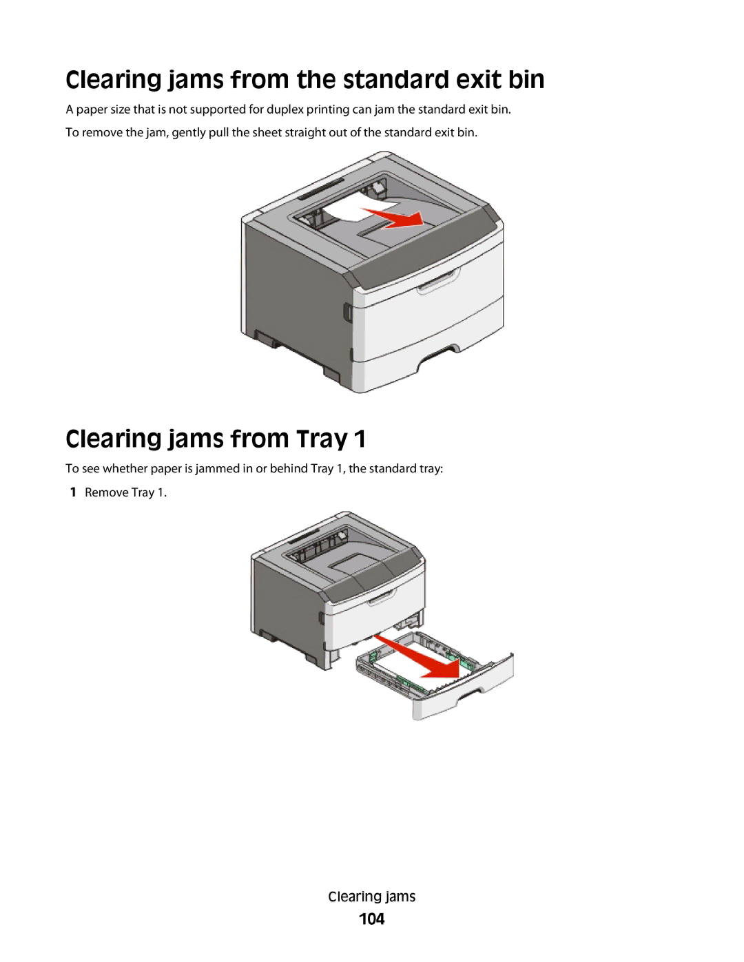 Dell 2230d manual Clearing jams from the standard exit bin, Clearing jams from Tray, 104 