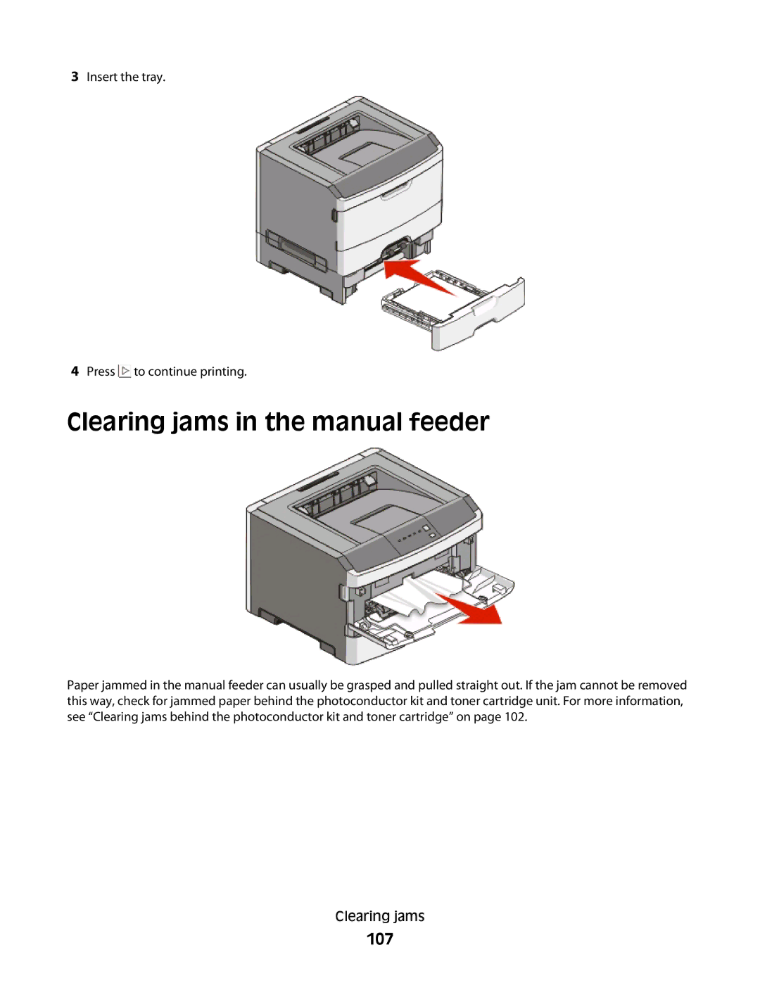 Dell 2230d Clearing jams in the manual feeder, 107 