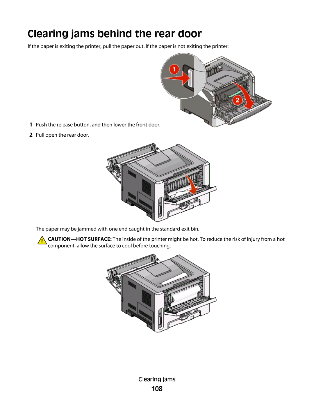 Dell 2230d manual Clearing jams behind the rear door, 108 