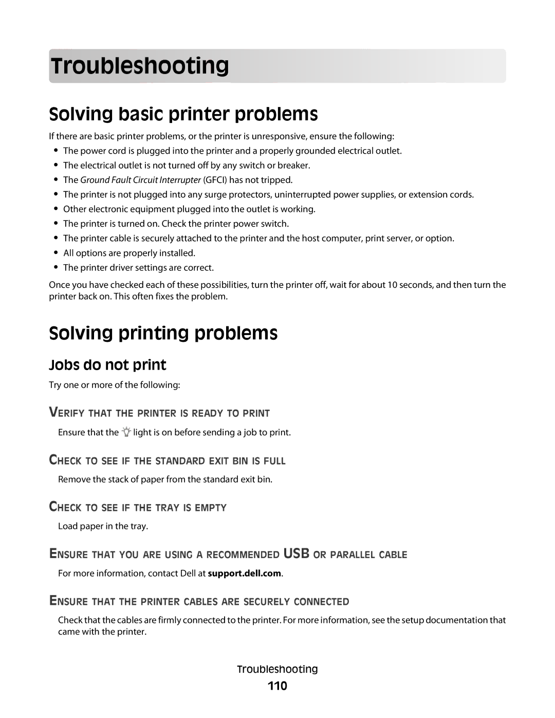 Dell 2230d manual Troublesho oting, Solving basic printer problems, Solving printing problems, Jobs do not print, 110 