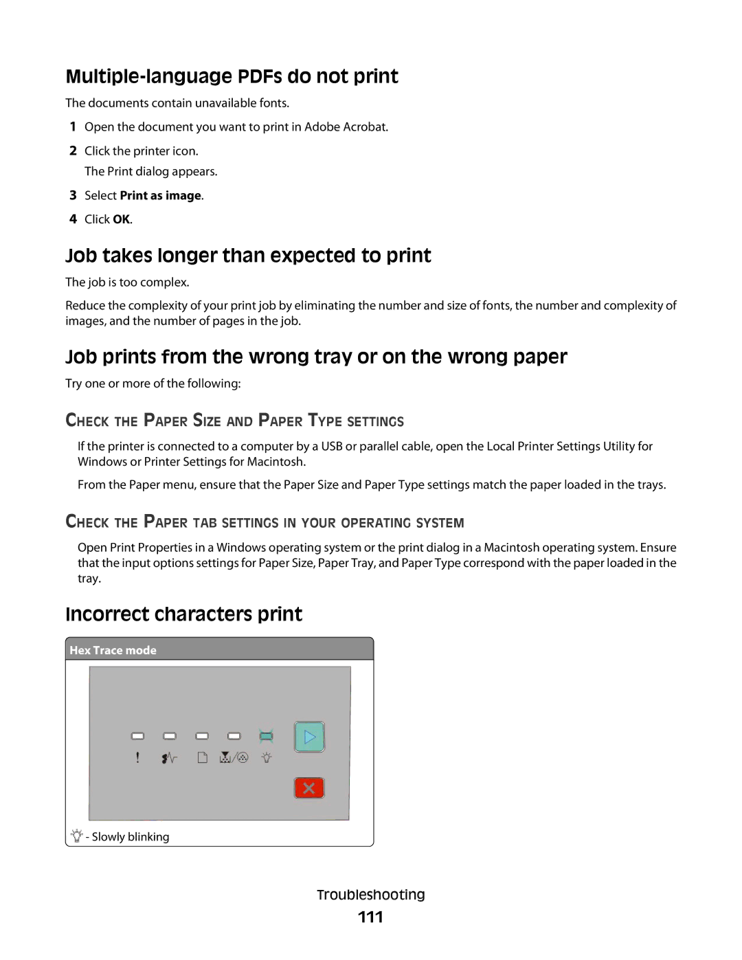 Dell 2230d manual Job takes longer than expected to print, Job prints from the wrong tray or on the wrong paper, 111 