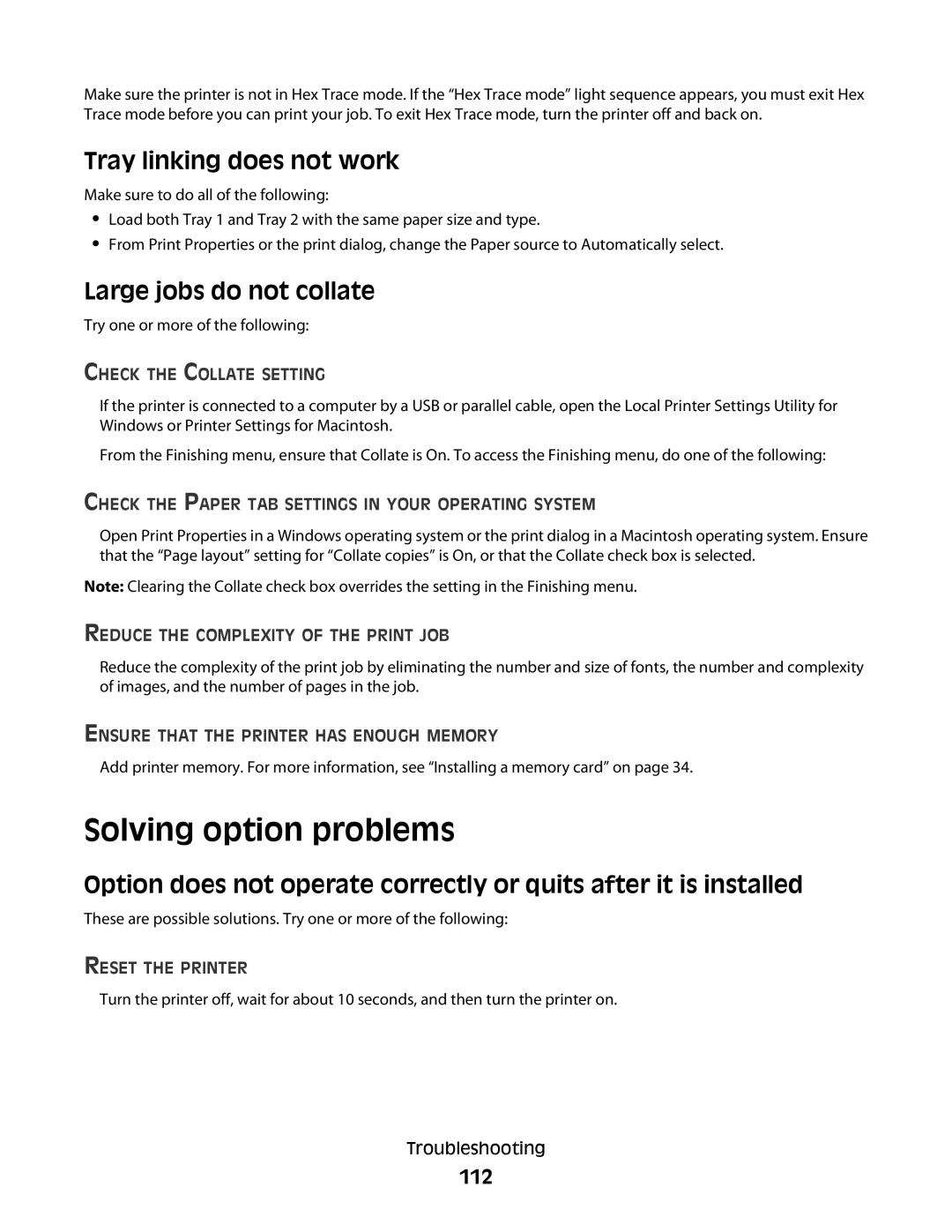 Dell 2230d manual Solving option problems, Tray linking does not work, Large jobs do not collate, 112 