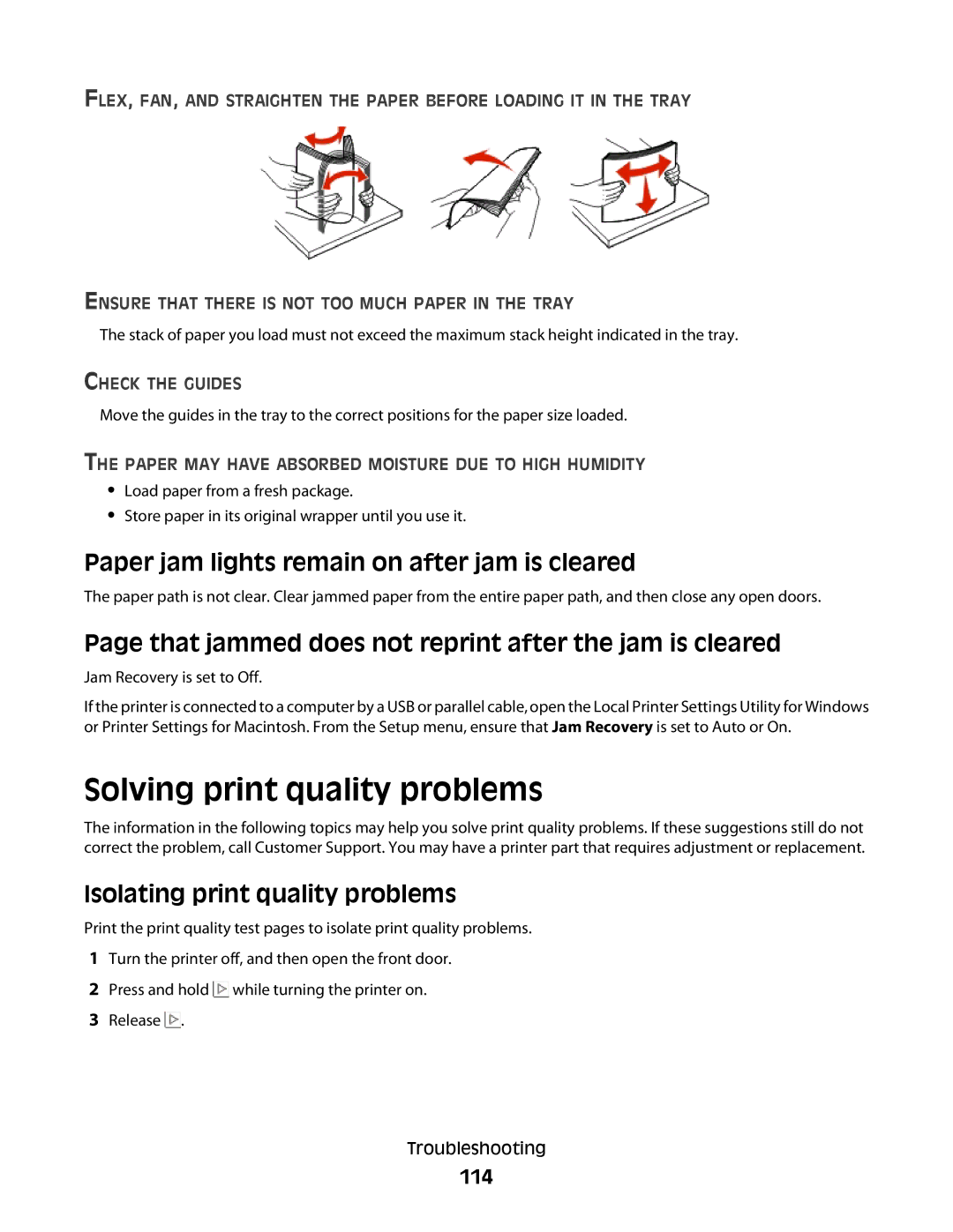 Dell 2230d manual Solving print quality problems, Paper jam lights remain on after jam is cleared, 114 