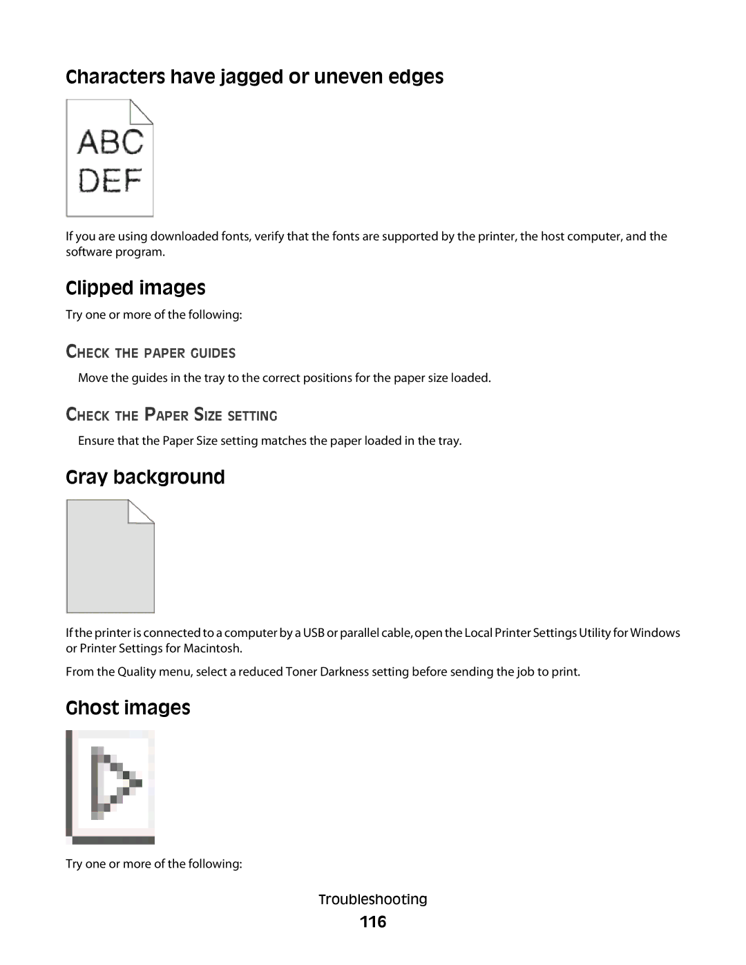 Dell 2230d manual Characters have jagged or uneven edges, Clipped images, Gray background, Ghost images, 116 