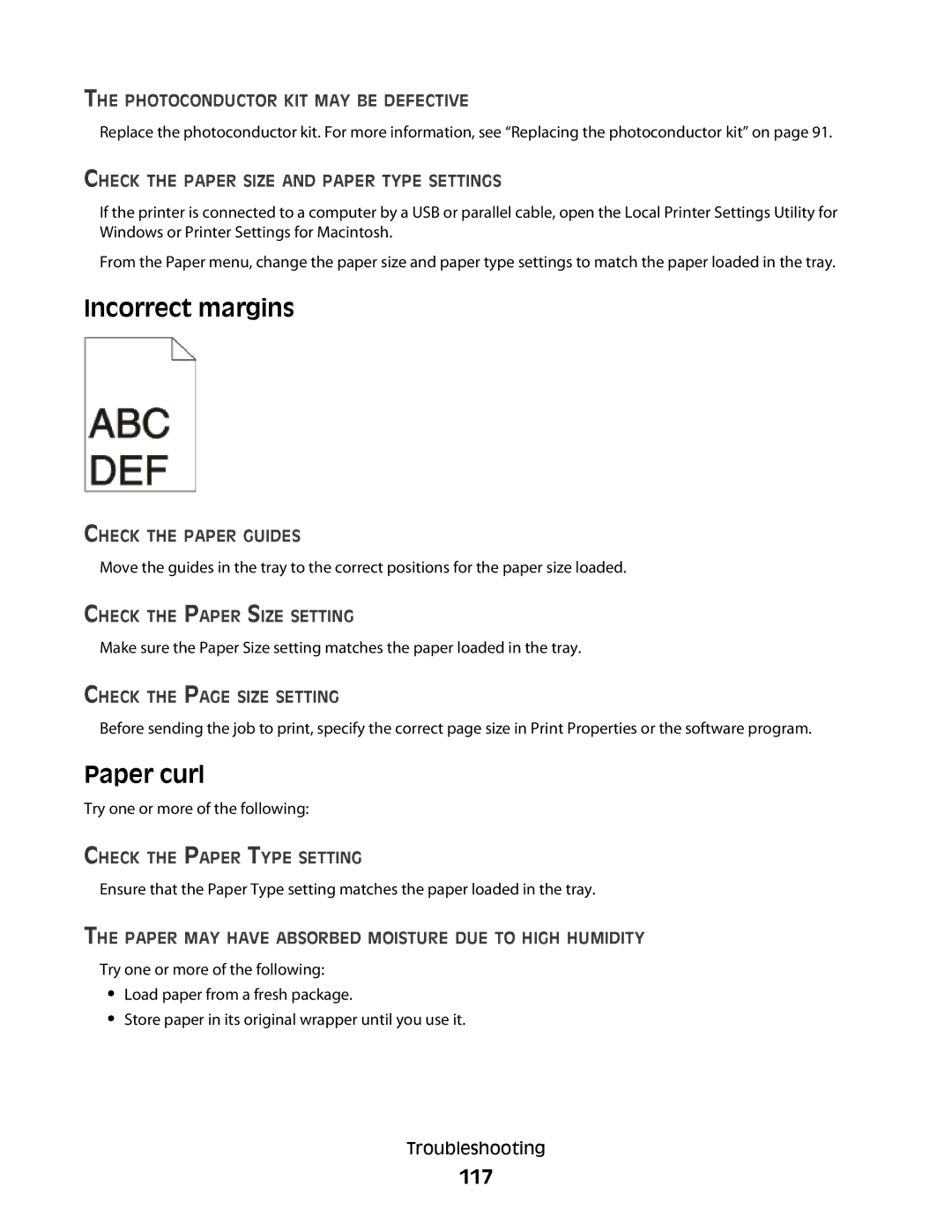 Dell 2230d manual Incorrect margins, Paper curl, 117 