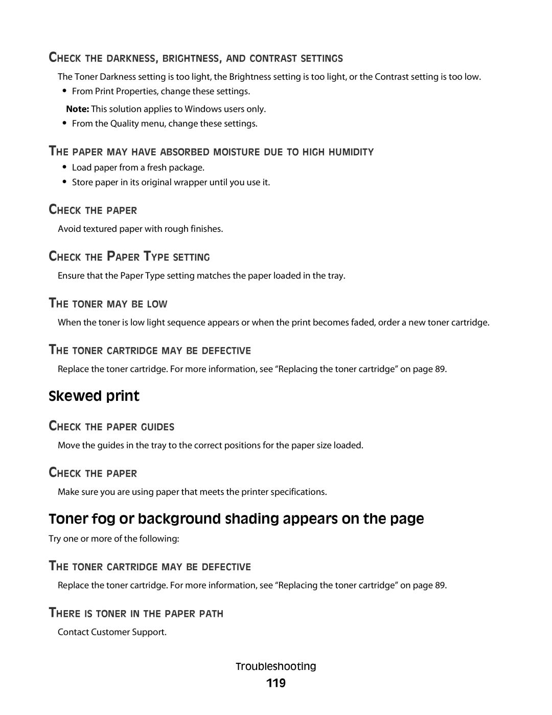 Dell 2230d manual Skewed print, Toner fog or background shading appears on, 119, Toner MAY be LOW 