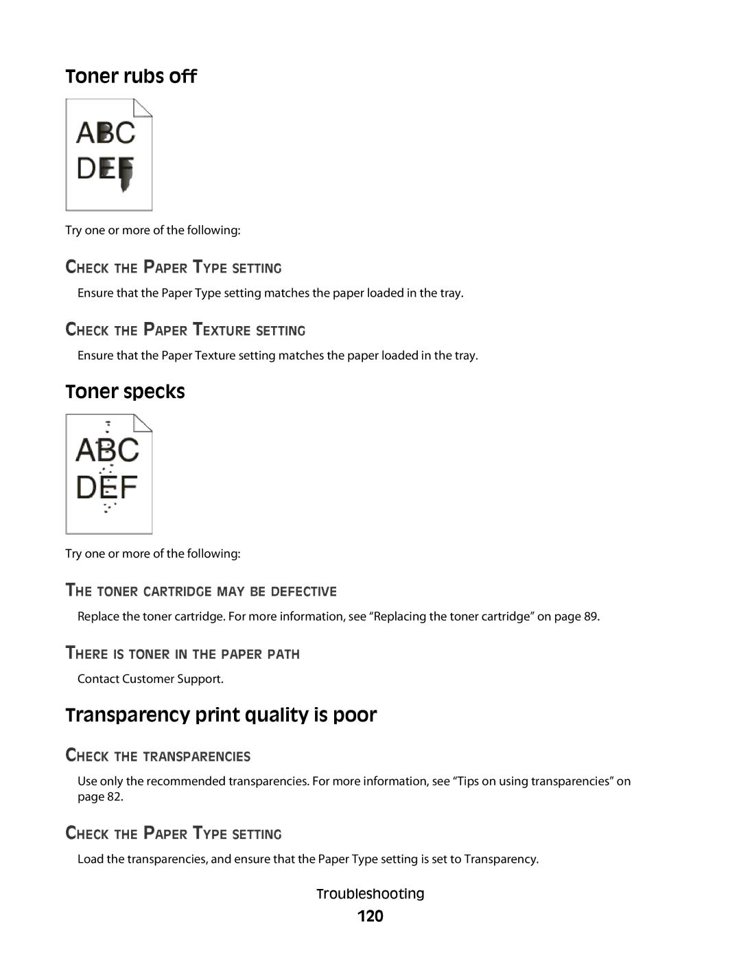 Dell 2230d manual Toner rubs off, Toner specks, Transparency print quality is poor, 120 